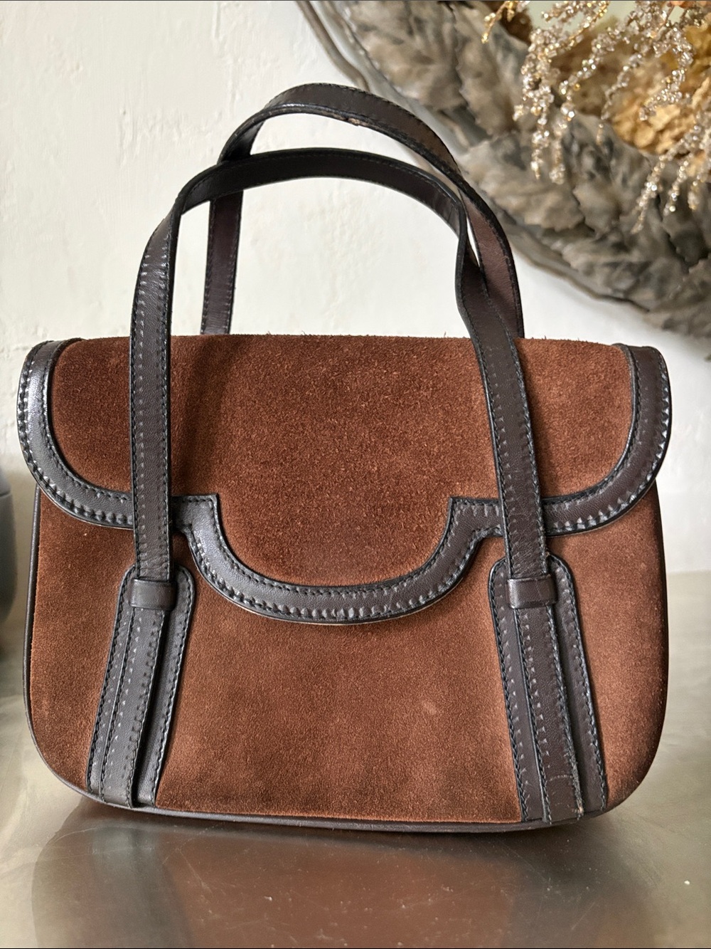 VTG Marshall Field Structured Brown Suede Top-Handle Satchel, made in Italy
